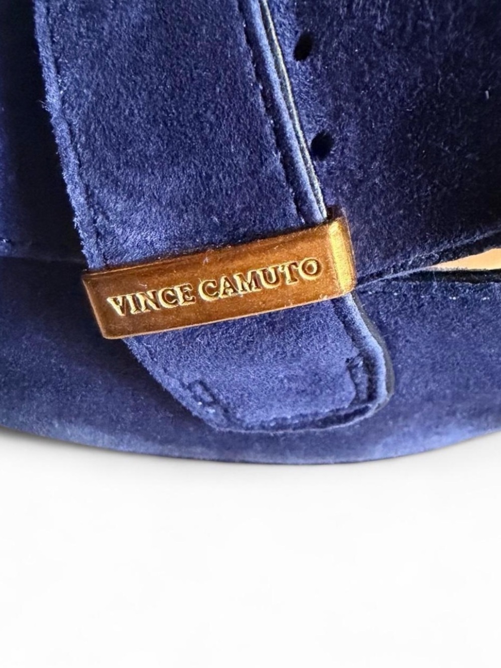 Vince Camuto Navy Suede Block Heel Pumps with Gold Accent - Picture 7 of 8